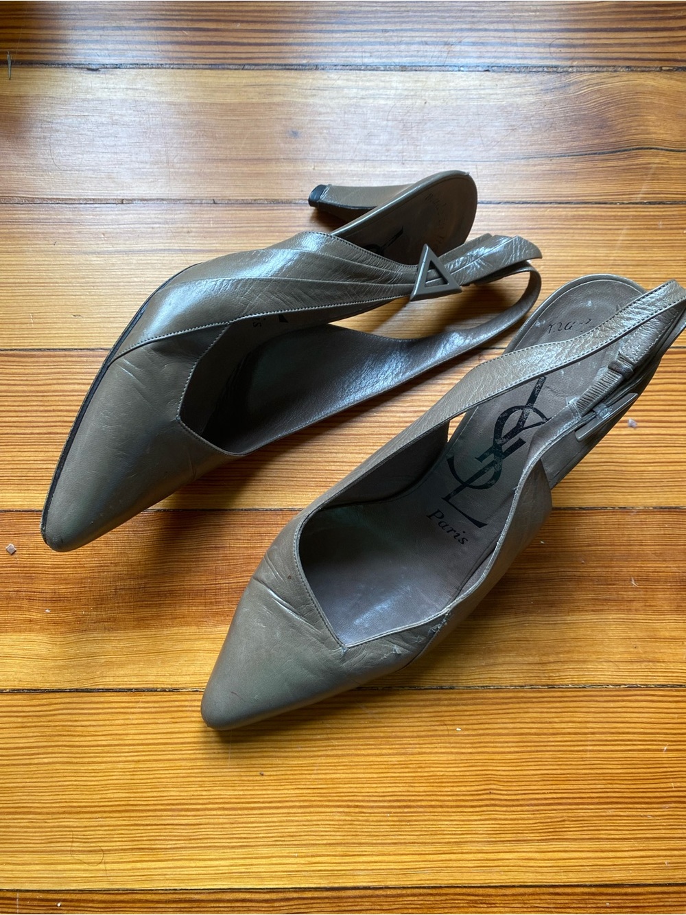 80s vintage Yves Saint Laurent taupe gray Slingback Pointed-Toe Heels